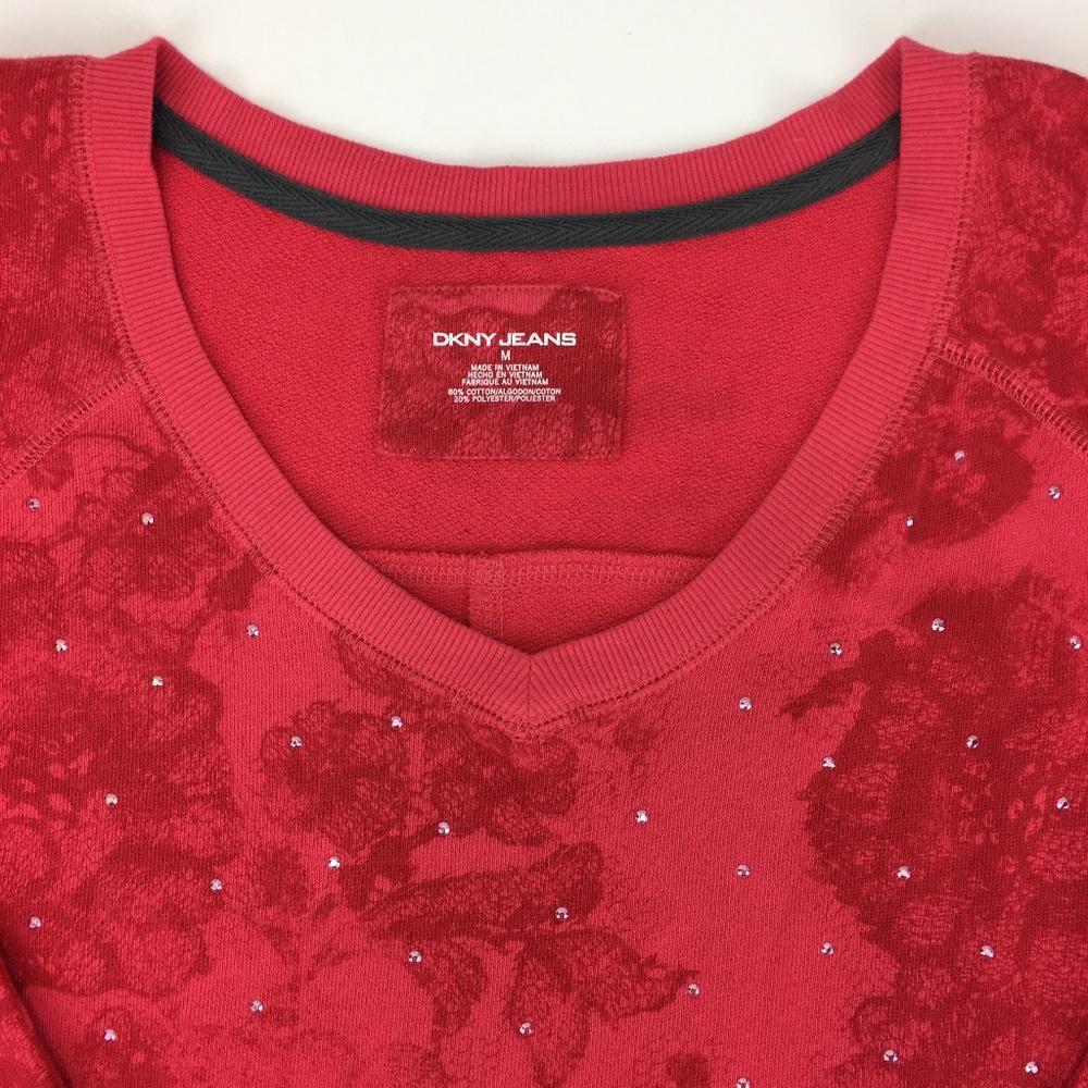 NEW!  DKNY red embellished pullover french terry long sleeve top - SZ M